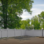 V3701-6L103. Vinyl Privacy T&G fence with Framed Victorian Picket Topper shown in Seacoast Gray (L103)