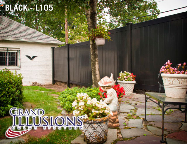 V300-6 Illusions Vinyl Tongue and Groove Privacy Fence shown in the Grand Illusions Color Spectrum Black (L105)