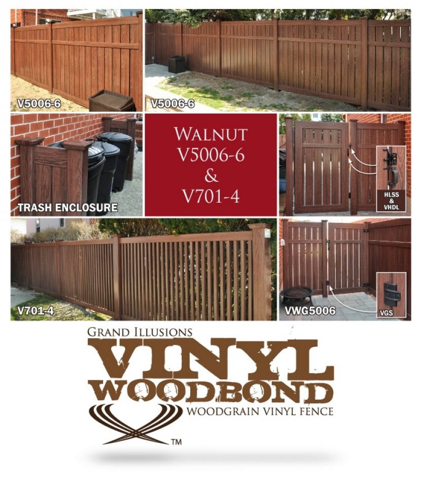 These photos highlight a terrific install of 18 sections of V5006-6W103 Semi-Privacy and 6 sections of V701-4 Framed Classic Victorian Picket Grand Illusions Vinyl WoodBond Walnut fence.