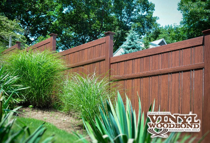 Rosewood Grand Illusions Fence pvc vinyl wood grain brown fencing semi-privacy