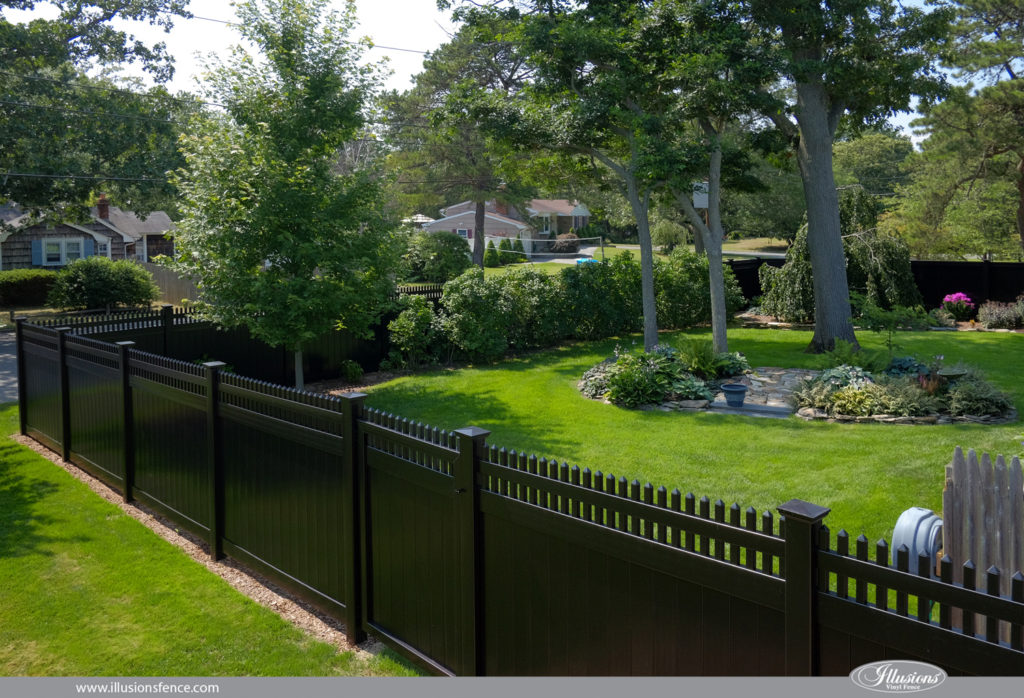 Looking for black PVC vinyl fence? V300-6 Illusions Vinyl Tongue and Groove Privacy Fence with straight top Classic Victorian pickets. Shown in the Grand Illusions Color Spectrum Black (L105). The best fence in the industry is Illusions Vinyl Fence. 35 colors and 5 authentic wood grains of PVC vinyl fencing. #fenceideas #homeideas #yardideas