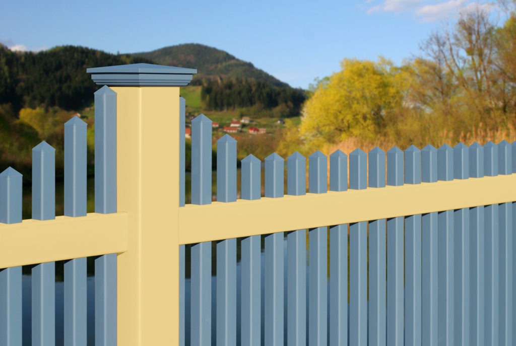 illusons yellow and blue pvc vinyl picket fencing panels