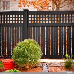 Gorgeous Black PVC Vinyl Semi-Privacy Fence with Old English Lattice and Three Inch Boards by Illusions Vinyl Fence. #fenceideas #homeideas #backyardideas #fence
