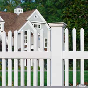 Beautiful matte finish white vinyl picket fence from Illusions Vinyl Fence. The official color of this PVC white fence is Grand Illusions Color Spectrum Patio White. #homeideas #fenceideas #backyardideas #homedecor