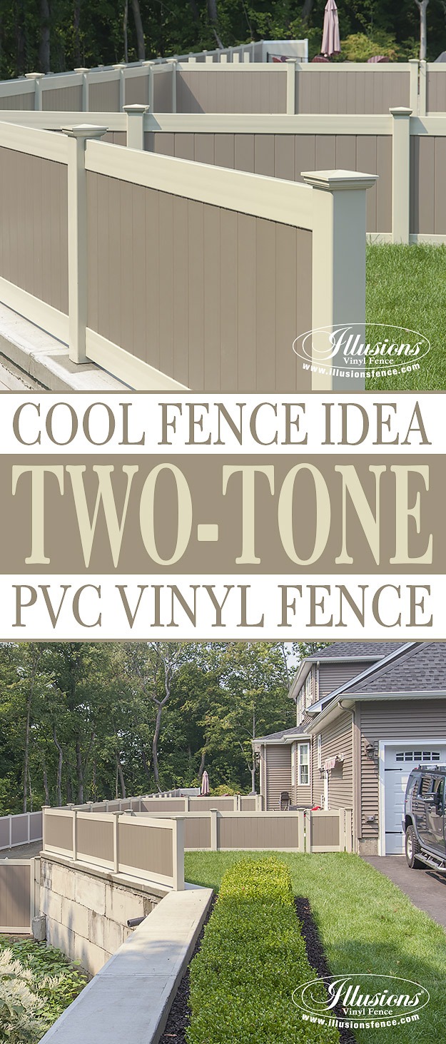 Two-Color Illusions PVC Vinyl Fence Idea Featuring Adobe and Antique White Privacy Panels. #fenceideas #fence #landscapingideas #backyardideas #dreamyard