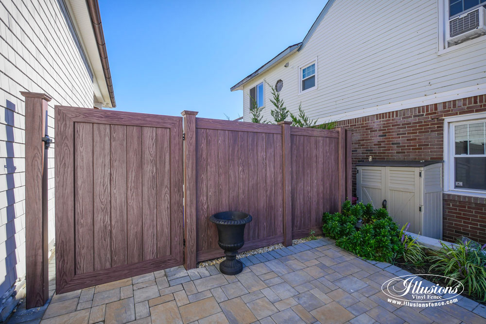 Walnut PVC Vinyl Fence Panels by Illusions Vinyl Fence are a Great Good-Neighbor Fence Idea for Your Home. #fenceideas #fence #vinylfencing #homedecor