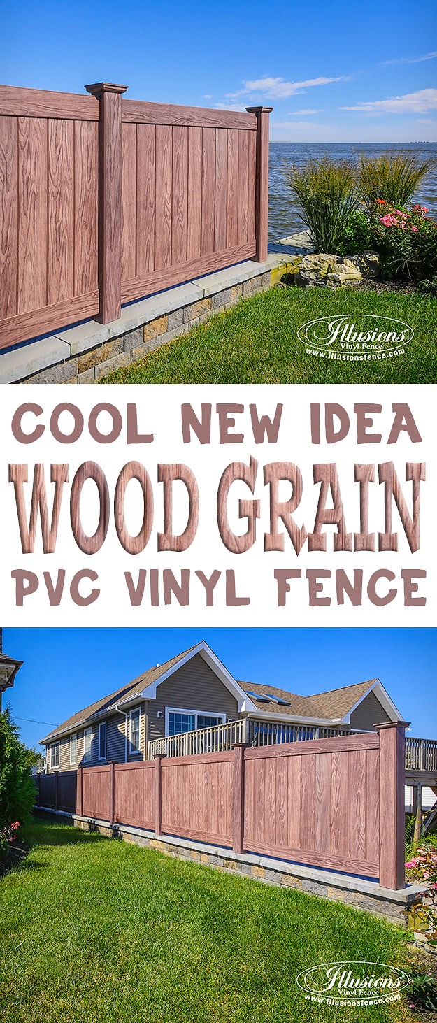 Vinyl PVC Wood Grain Privacy Fencing Panels in Walnut by Illusions Vinyl Fence are a Great Good Neighbor Fence Idea for Your Home. #fenceideas #fence #vinylfencing #homedecor