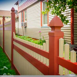 Amazing Tan and Barn Red PVC Vinyl Privacy Fence by Illusions Vinyl Fence. Match Your Fence To Your House. #fenceideas #homeideas #backyardideas #landscapingideas #fence