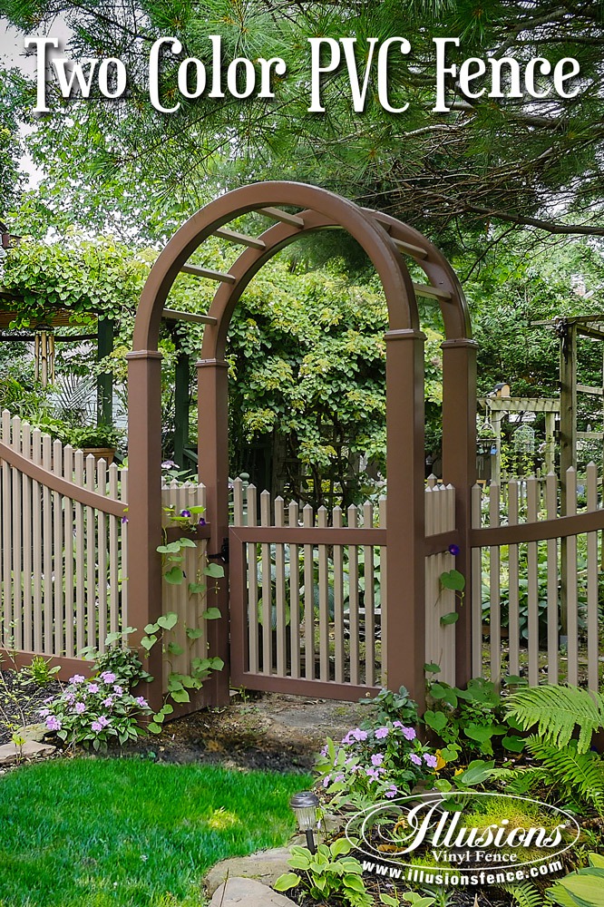 New Fence Ideas. Brown and Adobe PVC Vinyl Fence from Illusions Vinyl Fence. Featuring a Brown Illusions Arbor and curved sweep rails. #fenceideas #backyardideas #fence #homeideas