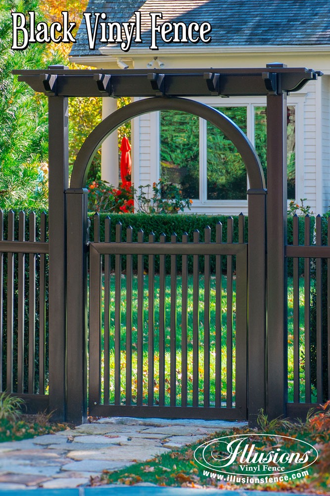 New Fence Ideas. This Gorgeous PVC Vinyl Black Arbor and Pergola Combination by Illusions Vinyl Fence is a Perfect Landscaping Idea That Adds Curb Appeal. #landscapingideas