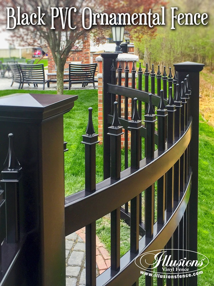 New Fence Ideas. Wow! This is a Curved BLACK PVC Vinyl Ornamental Fence From Illusions Vinyl Fence. So Cool. Call Your Local Illusions Dealer Today. #fenceideas