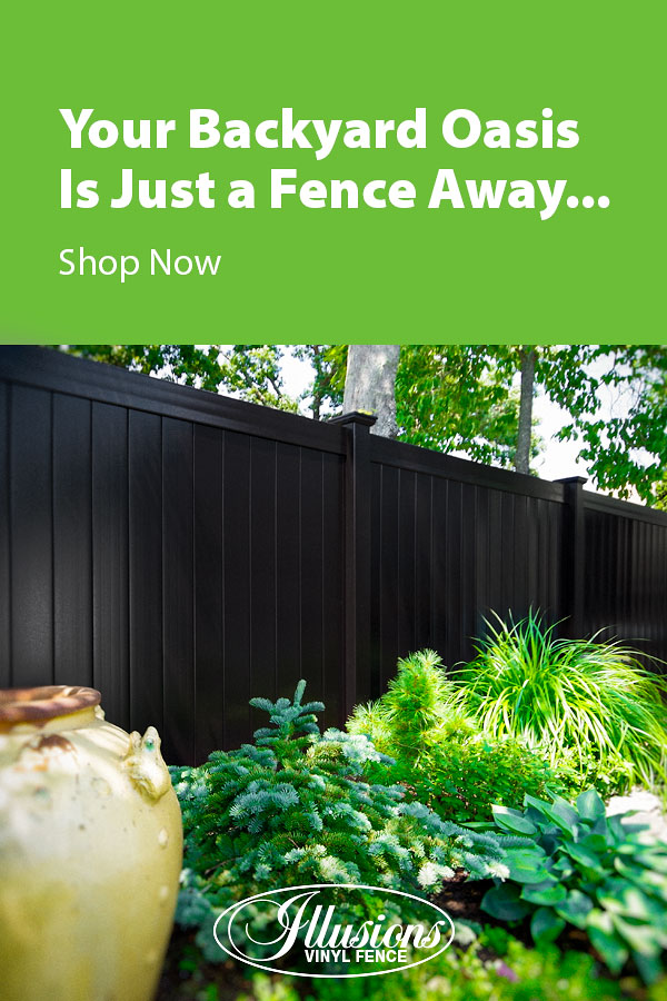 Your Backyard Oasis is Just a Fence Away with Illusions Vinyl Fence. Shown here is a V300-6 tongue and groove vinyl privacy fence in Black #fence #fences #fencing #vinylfence #vinylfencing #fencepanels #fenceideas #homeideas #homedecor #backyardideas #privacyfence #privacyfences #poolfence #poolfences #longisland #longislandny #newyork #connecticut #rhodeisland #massachusetts #connecticut #pennsylvania #newjersey #fencecompany #bestfence #fencecontractor #fenceinstaller #yardfence