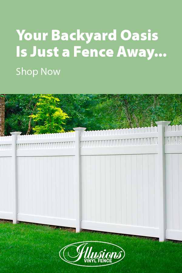 Your Backyard Oasis is Just a Fence Away with Illusions Vinyl Fence. Shown here is a V3700-6 tongue and groove vinyl privacy fence with Classic Victorian straight picket top in Classic White. #fence #fences #fencing #vinylfence #vinylfencing #fencepanels #fenceideas