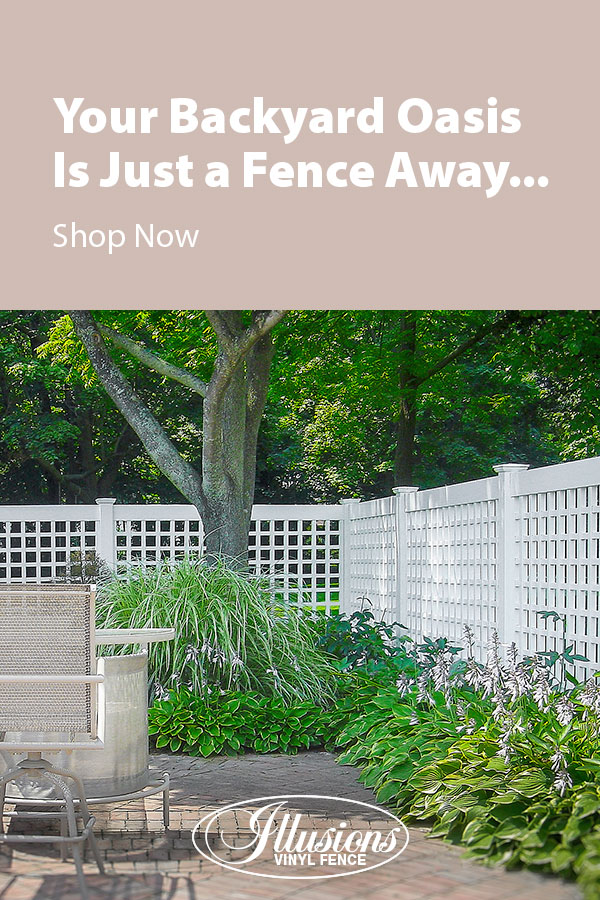 Your Backyard Oasis is Just a Fence Away with Illusions Vinyl Fence. Shown here is a 6 foot high VSQL Classic White Old English Lattice Panel. #fence #fences #fencing #vinylfence #vinylfencing #fencepanels #fenceideas #homeideas #homedecor #backyardideas