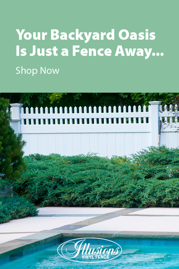 Your Backyard Oasis is Just a Fence Away with Illusions Vinyl Fence. Shown here is a V3700-6 6 foot high Classic White tongue and groove vinyl privacy fence with straight Classic Victorian picket top. #fence #fences #fencing #vinylfence #vinylfencing #fencideas
