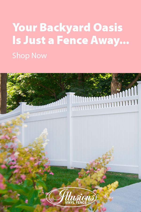 Your Backyard Oasis is Just a Fence Away with Illusions Vinyl Fence. Shown here is a V3707-6 6 foot high Classic White tongue and groove vinyl privacy with scalloped Classic Victorian picket top. fence #fence #fences #fencing #vinylfence #vinylfencing #fenceideas