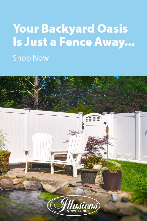 Your Backyard Oasis is Just a Fence Away with Illusions Vinyl Fence. Shown here is a V300-6 tongue and groove vinyl privacy fence in Classic White with a VBG4-46 accent gate with square lattice. #fence #fences #fencing #vinylfence #vinylfencing #fencepanel