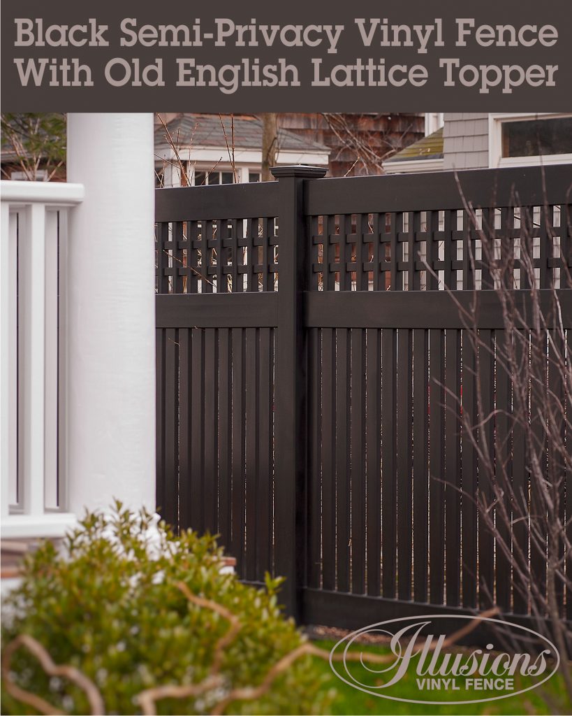 Black V5215OE-6 Semi-Privacy Illusions Vinyl Fence Panels with Old English Lattice look like painted wood fence without the maintenance #fence #fences #fencepanels #fencingpanels #vinylfence #vinylfencing #black #blackfence #colorfence #woodfence #fencecompany