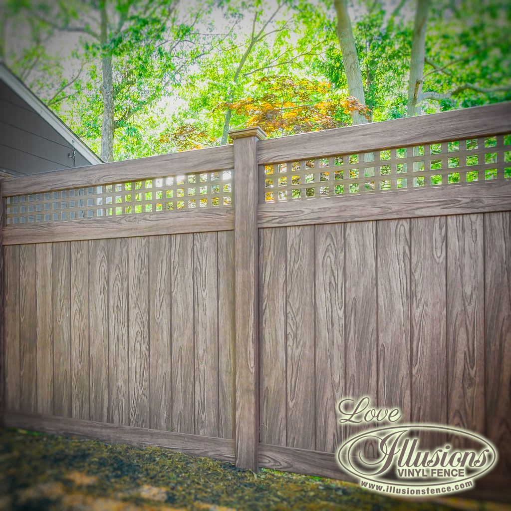 Got to love this rustic looking V3215SQ-6 Illusions vinyl privacy fence with square lattice shown in Walnut #fence #fences #fencing #vinylfence #vinylfencing #fencepanels #fenceideas #homeideas #homedecor #backyardideas #privacyfence #privacyfences #poolfence #poolfences #longisland #longislandny #newyork #connecticut #rhodeisland #massachusetts #connecticut #pennsylvania #newjersey #fencecompany #bestfence #fencecontractor #fenceinstaller #yardfence