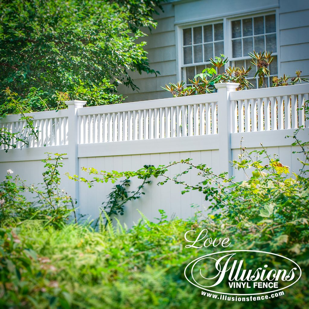 Got to love this historic looking V3701-6 Illusions vinyl privacy fence with with framed picket top in Patio White #fence #fences #fencing #vinylfence #vinylfencing #fencepanels #fenceideas #homeideas #homedecor #backyardideas #privacyfence #privacyfences #poolfence #poolfences #longisland #longislandny #newyork #connecticut #rhodeisland #massachusetts #connecticut #pennsylvania #newjersey #fencecompany #bestfence #fencecontractor #fenceinstaller #yardfence